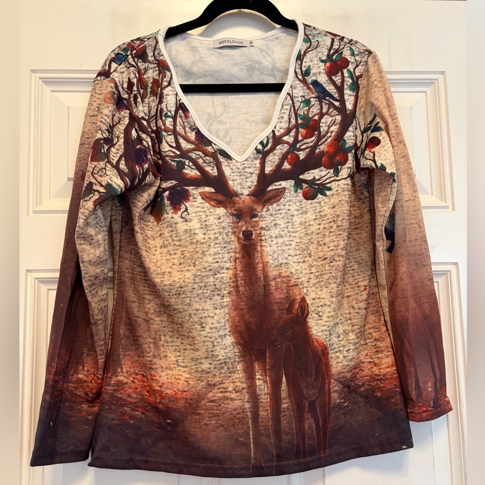 MISSLOOK Deer Print V-Neck Long Sleeve Top - Brown and Cream
